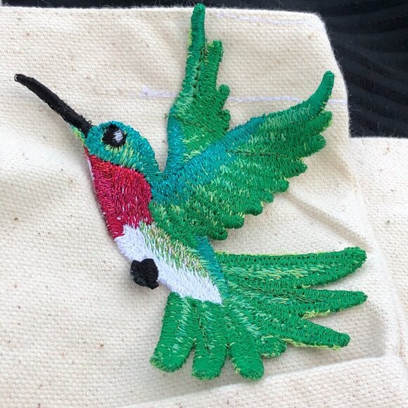 Natural Open Top Canvas Tote Bag With 2 Large Pockets Featuring 3D Hummingbirds - Picture 3 of 9